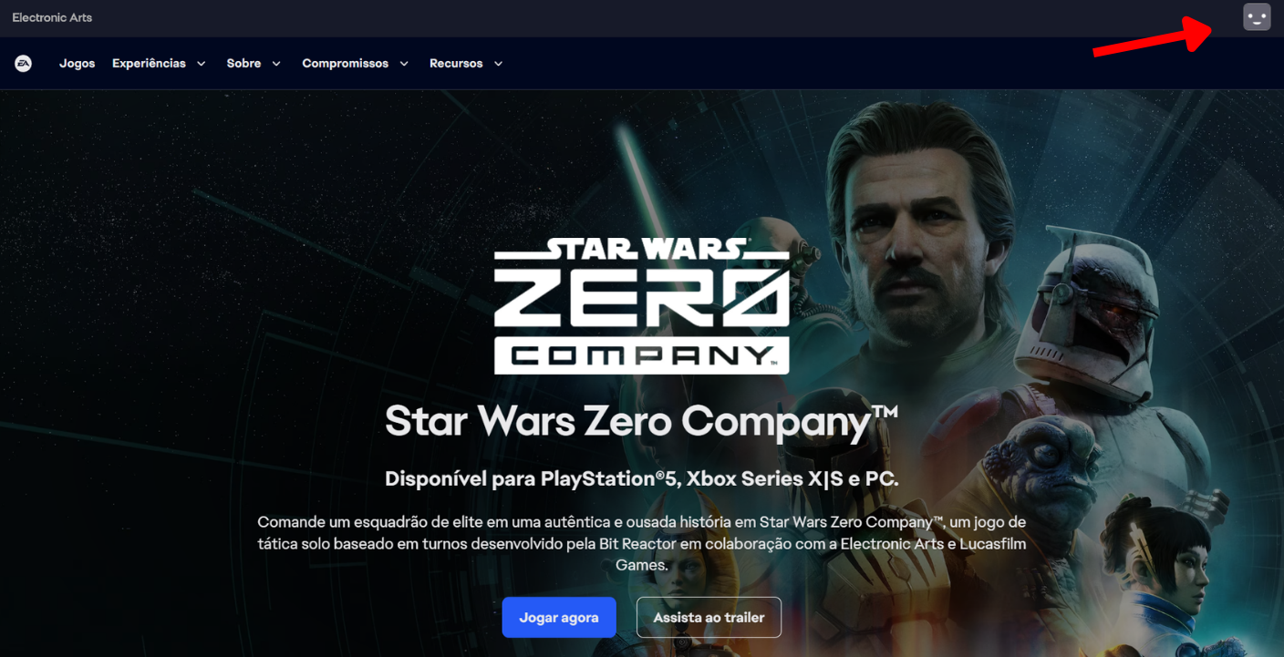 Site da EA com destaque para o ícone de perfil no canto superior direito