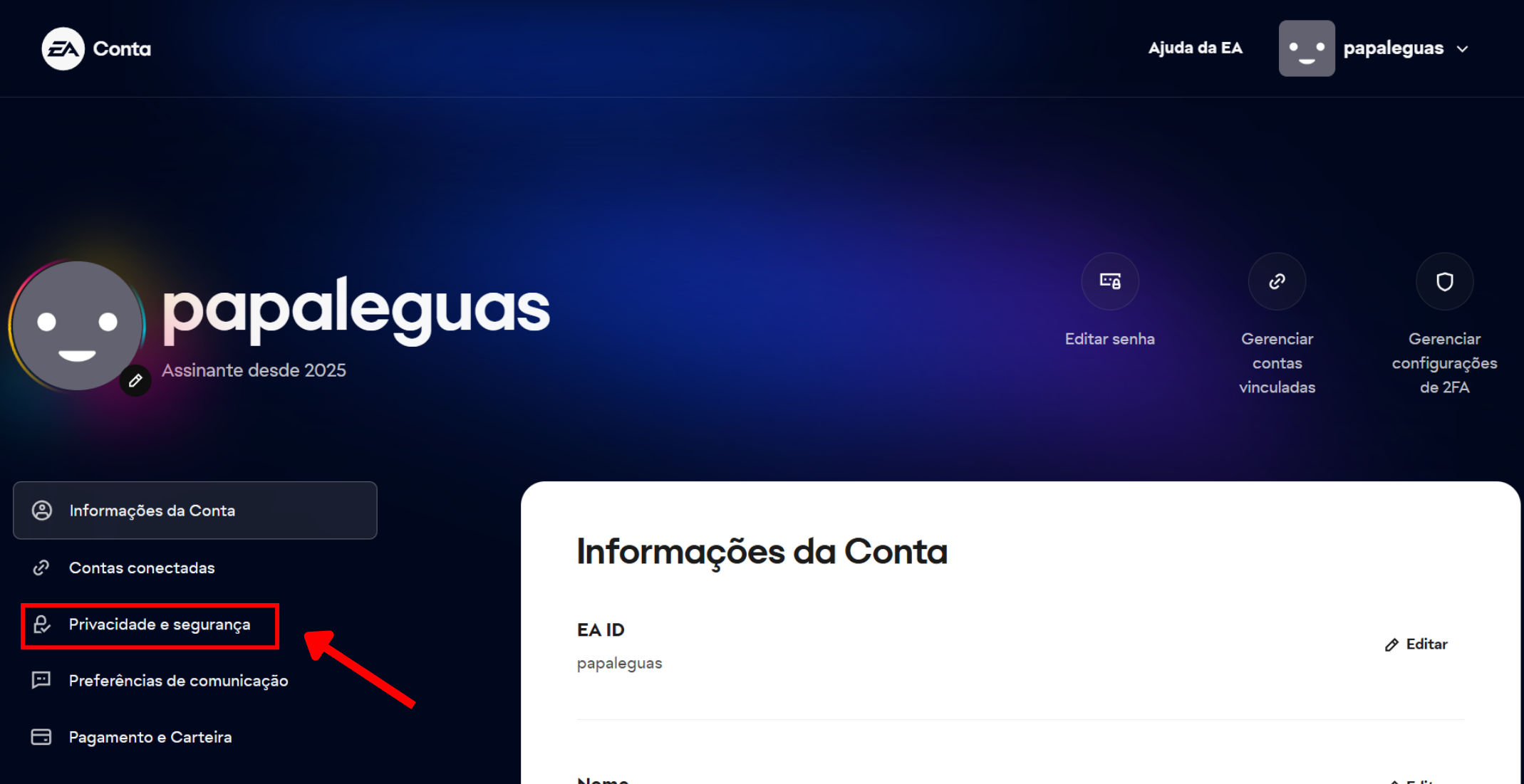 Menu lateral da Conta EA com a opção Privacidade e segurança