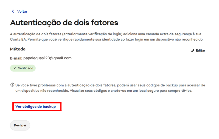 Seção Autenticação de dois fatores com a seta para expandir