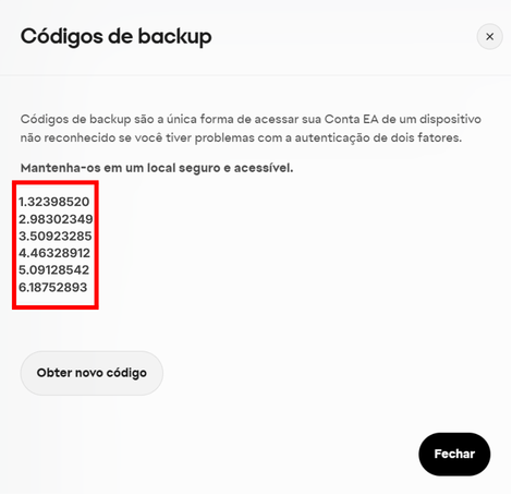 Lista dos códigos de backup gerados e o botão de novos códigos